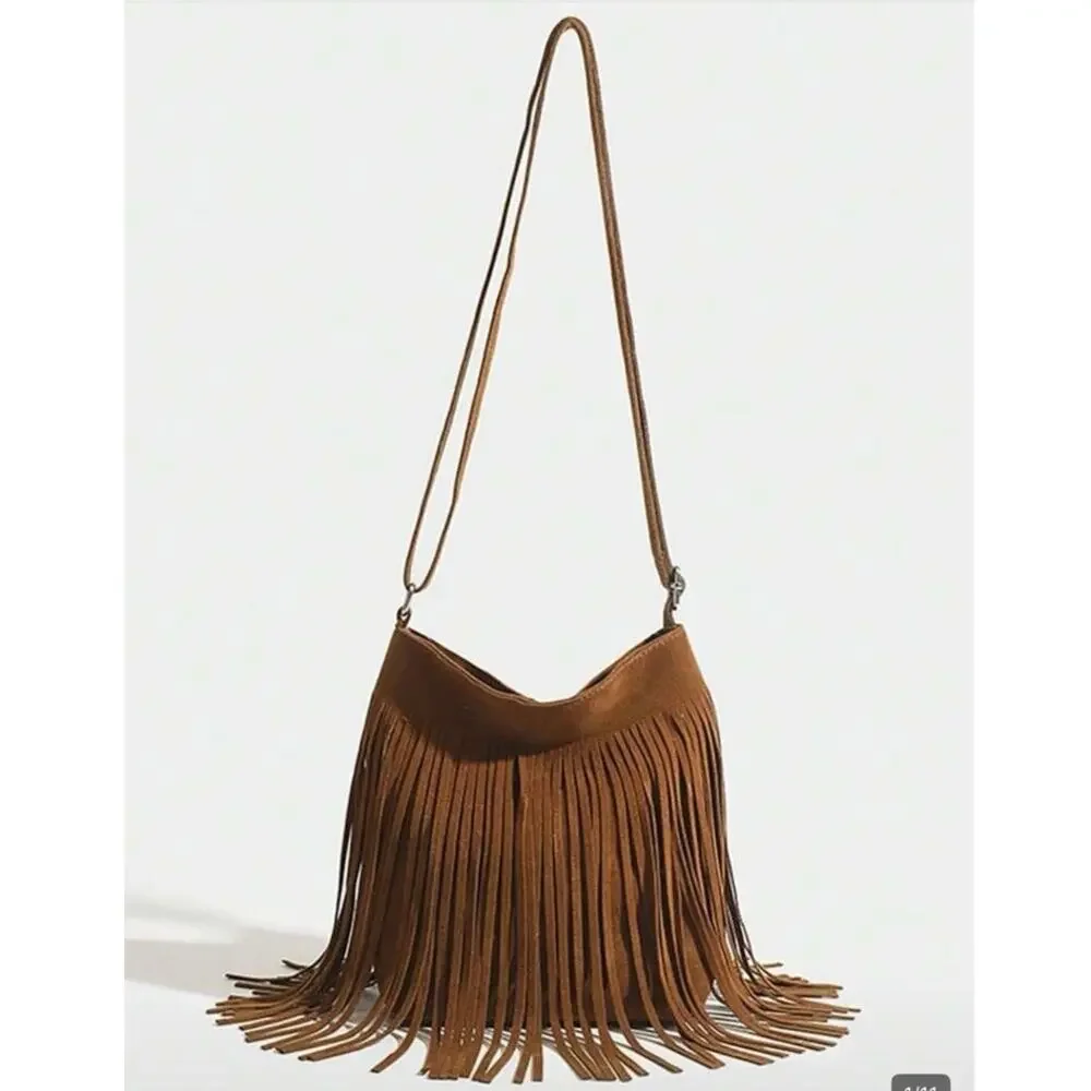 Boho Fringe Small Crossbody Bag Cognac Brown Concert Festival Western Purse NWT - Picture 10 of 10